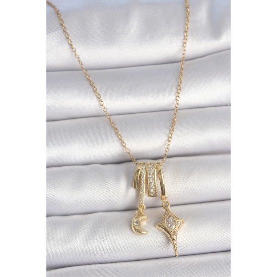 316L Çelik Gold Renk Zirkon Taşlı Sallantı Ay Yıldız Figür Charm Kadın Kolye - TJ-BKO10101