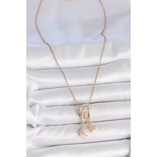 316L Çelik Gold Renk Sallantı Zirkon Taşlı Çiçek Kelebek Figür Charm Kadın Kolye - TJ-BKO10102