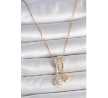 316L Çelik Gold Renk Sallantı Zirkon Taşlı Çiçek Kelebek Figür Charm Kadın Kolye - TJ-BKO10102