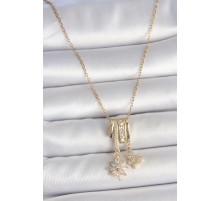 316L Çelik Gold Renk Sallantı Zirkon Taşlı Çiçek Kelebek Figür Charm Kadın Kolye - TJ-BKO10102