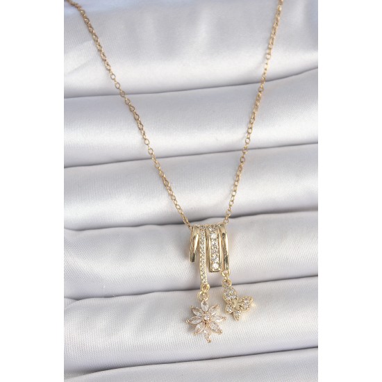 316L Çelik Gold Renk Sallantı Zirkon Taşlı Çiçek Kelebek Figür Charm Kadın Kolye - TJ-BKO10102