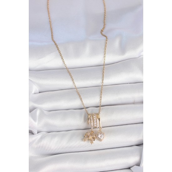 316L Çelik Gold Renk Sallantı Fiyonk Kalp Figür Charm Kadın Kolye - TJ-BKO10103