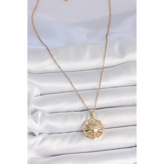 316L Çelik Gold Renk Zincir İşlemeli Güneş Model Kadın Kolye - TJ-BKO10104