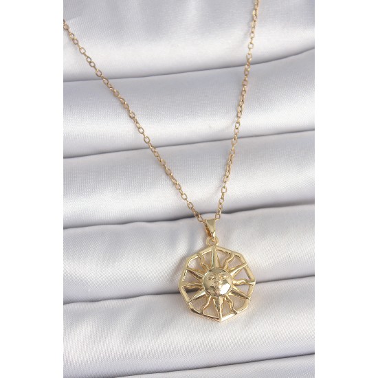 316L Çelik Gold Renk Zincir İşlemeli Güneş Model Kadın Kolye - TJ-BKO10104