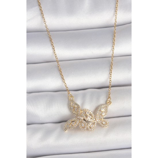316L Çelik Gold Renk Zincir Zirkon Taşlı Kelebek Model Kadın Kolye - TJ-BKO10105