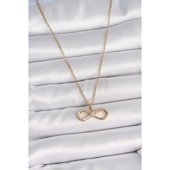 316L Çelik Gold Renk Zincir Zirkon Taşlı Sonsuzluk Model Kadın Kolye - TJ-BKO10106