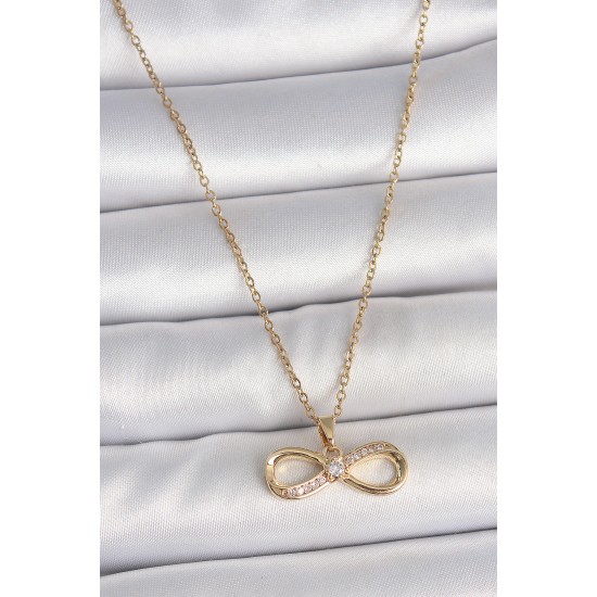 316L Çelik Gold Renk Zincir Zirkon Taşlı Sonsuzluk Model Kadın Kolye - TJ-BKO10106