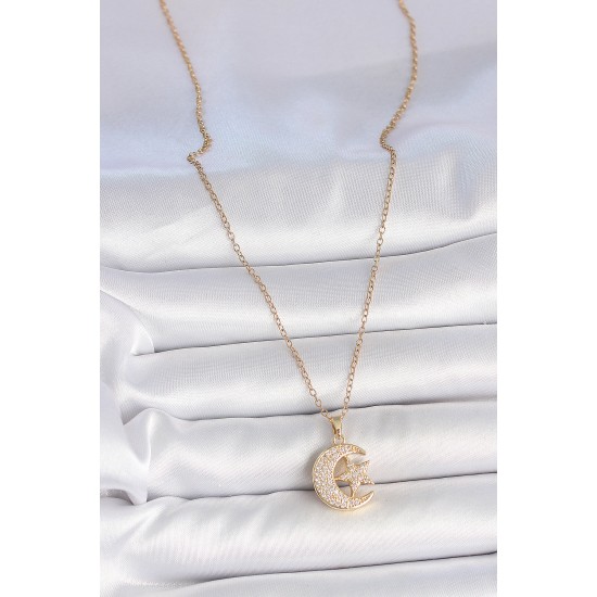 316L Çelik Gold Renk Zincir Zirkon Taşlı Ay Yıldız Model Kadın Kolye - TJ-BKO10107