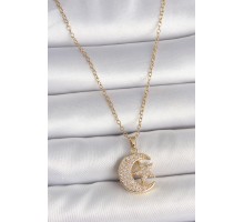 316L Çelik Gold Renk Zincir Zirkon Taşlı Ay Yıldız Model Kadın Kolye - TJ-BKO10107