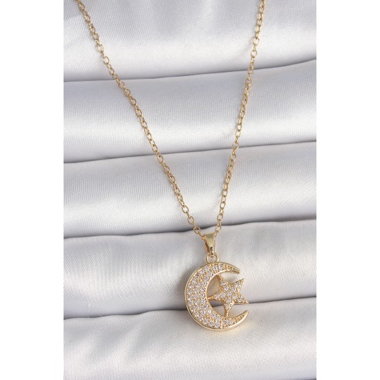 316L Çelik Gold Renk Zincir Zirkon Taşlı Ay Yıldız Model Kadın Kolye - TJ-BKO10107