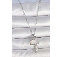 316L Çelik Gümüş Renk Zincir Beyaz Sedefli Kilit Anahtar Detay Kadın Kolye - TJ-BKO10108