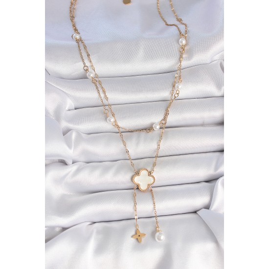 316L Çelik Gold Renk Zincir Beyaz Yonca Figür Sallantı Çiçek İnci Detay Kadın Kolye - TJ-BKO10109