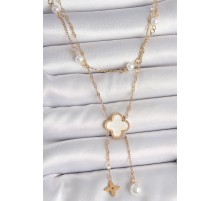 316L Çelik Gold Renk Zincir Beyaz Yonca Figür Sallantı Çiçek İnci Detay Kadın Kolye - TJ-BKO10109