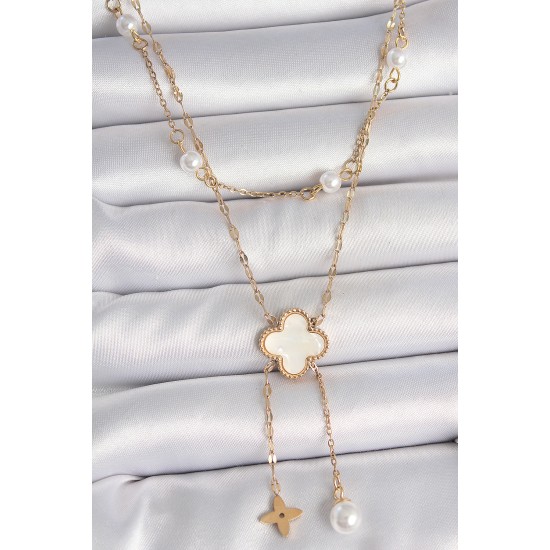 316L Çelik Gold Renk Zincir Beyaz Yonca Figür Sallantı Çiçek İnci Detay Kadın Kolye - TJ-BKO10109