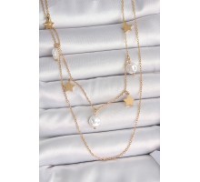 316L Çelik Gold Renk 2'Li Zincir Sallantı Yıldız İnci Model Kadın Kolye - TJ-BKO10110