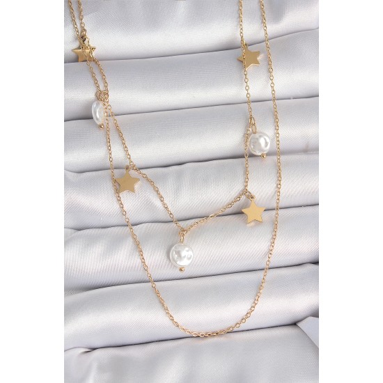 316L Çelik Gold Renk 2'Li Zincir Sallantı Yıldız İnci Model Kadın Kolye - TJ-BKO10110