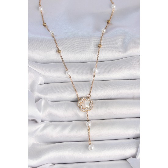 316L Çelik Gold Renk Zincir Beyaz Mineli Zirkon Taşlı Yonca Figür Topçuk Detay Kadın Kolye - TJ-BKO10111