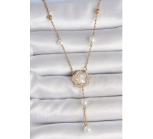316L Çelik Gold Renk Zincir Beyaz Mineli Zirkon Taşlı Yonca Figür Topçuk Detay Kadın Kolye - TJ-BKO10111