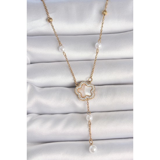 316L Çelik Gold Renk Zincir Beyaz Mineli Zirkon Taşlı Yonca Figür Topçuk Detay Kadın Kolye - TJ-BKO10111