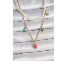 316L Çelik Gold Renk 2'Li İnci Zincir Model Pembe Taşlı Kalp Figür Nazar Boncuk Detay Kadın Kolye - TJ-BKO10112