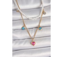 316L Çelik Gold Renk 2'Li İnci Zincir Model Pembe Taşlı Kalp Figür Nazar Boncuk Detay Kadın Kolye - TJ-BKO10112