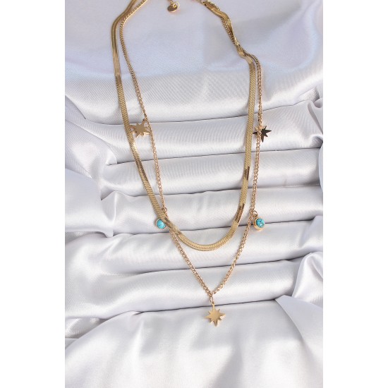 316L Çelik Gold Renk 2'Li İtalyan Zincir Model Yıldız Figür Mavi Taş Detay Kadın Kolye - TJ-BKO10113