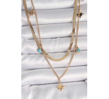 316L Çelik Gold Renk 2'Li İtalyan Zincir Model Yıldız Figür Mavi Taş Detay Kadın Kolye - TJ-BKO10113