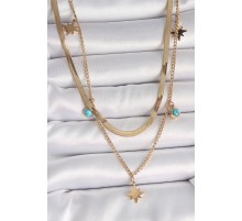 316L Çelik Gold Renk 2'Li İtalyan Zincir Model Yıldız Figür Mavi Taş Detay Kadın Kolye - TJ-BKO10113