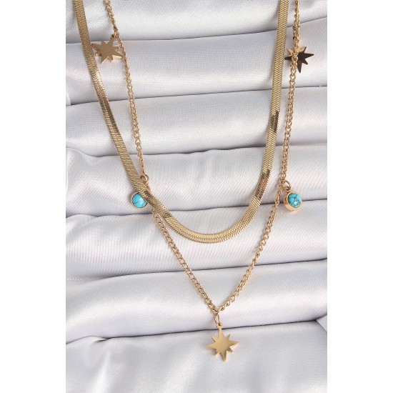 316L Çelik Gold Renk 2'Li İtalyan Zincir Model Yıldız Figür Mavi Taş Detay Kadın Kolye - TJ-BKO10113