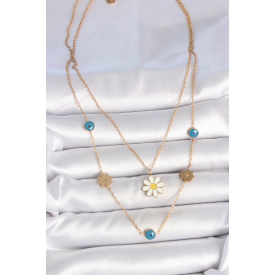 316L Çelik Gold Renk 2'Li Zincir Model Papatya Figür Nazar Boncuk Detay Kadın Kolye - TJ-BKO10114