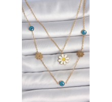 316L Çelik Gold Renk 2'Li Zincir Model Papatya Figür Nazar Boncuk Detay Kadın Kolye - TJ-BKO10114