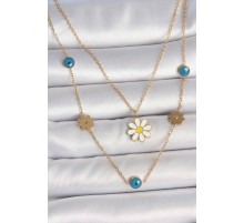 316L Çelik Gold Renk 2'Li Zincir Model Papatya Figür Nazar Boncuk Detay Kadın Kolye - TJ-BKO10114