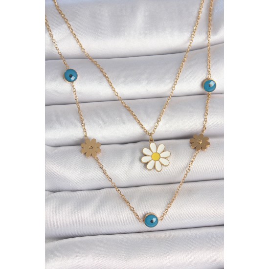 316L Çelik Gold Renk 2'Li Zincir Model Papatya Figür Nazar Boncuk Detay Kadın Kolye - TJ-BKO10114