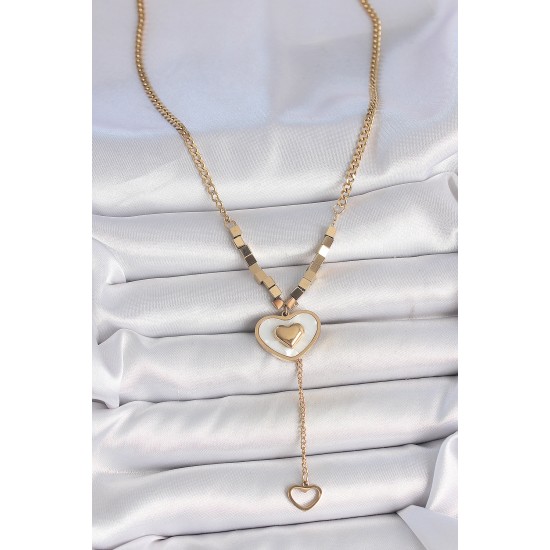316L Çelik Gold Renk Zincir Beyaz Mineli Kalp Figür Sallantı Detay Kadın Kolye - TJ-BKO10115