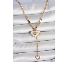 316L Çelik Gold Renk Zincir Beyaz Mineli Kalp Figür Sallantı Detay Kadın Kolye - TJ-BKO10115