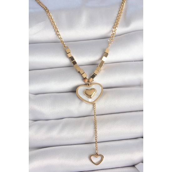316L Çelik Gold Renk Zincir Beyaz Mineli Kalp Figür Sallantı Detay Kadın Kolye - TJ-BKO10115