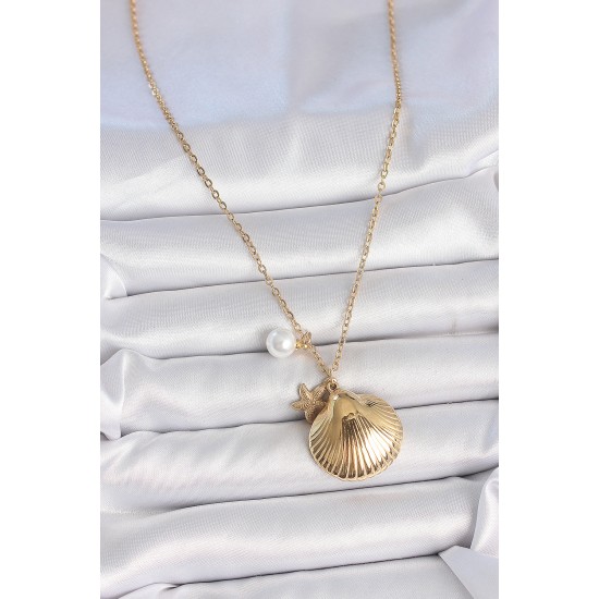 316L Çelik Gold Renk Zincir Deniz Kabuğu Figür İnci Detay Kadın Kolye - TJ-BKO10116