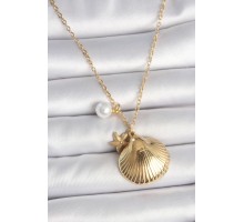316L Çelik Gold Renk Zincir Deniz Kabuğu Figür İnci Detay Kadın Kolye - TJ-BKO10116