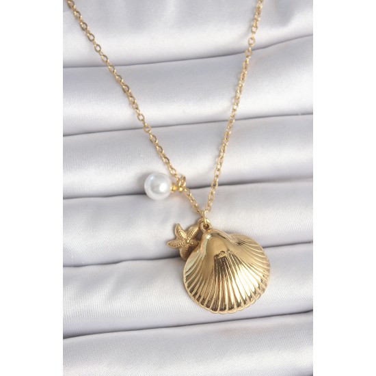 316L Çelik Gold Renk Zincir Deniz Kabuğu Figür İnci Detay Kadın Kolye - TJ-BKO10116
