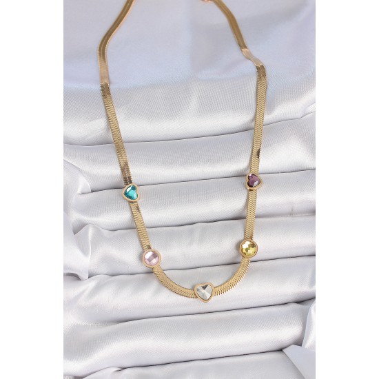 316L Çelik Gold Renk İtalyan Zincir Renkli Zirkon Taşlı Kalp Figür Kadın Kolye - TJ-BKO10117