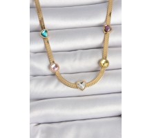 316L Çelik Gold Renk İtalyan Zincir Renkli Zirkon Taşlı Kalp Figür Kadın Kolye - TJ-BKO10117