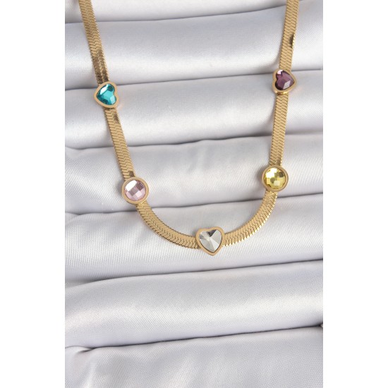 316L Çelik Gold Renk İtalyan Zincir Renkli Zirkon Taşlı Kalp Figür Kadın Kolye - TJ-BKO10117