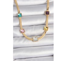 316L Çelik Gold Renk İtalyan Zincir Model Kare Renkli Zirkon Taşlı Kadın Kolye - TJ-BKO10118