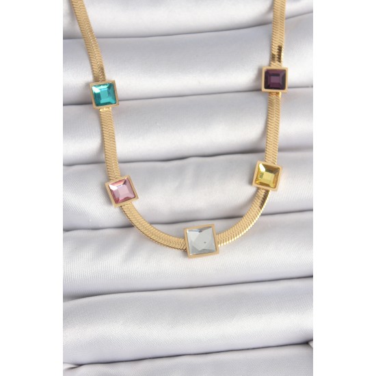 316L Çelik Gold Renk İtalyan Zincir Model Kare Renkli Zirkon Taşlı Kadın Kolye - TJ-BKO10118