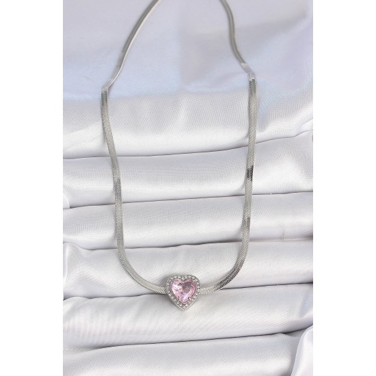 316L Çelik Gümüş Renk İtalyan Zincir Pembe Zirkon Taşlı Kalp Model Kadın Kolye - TJ-BKO10119