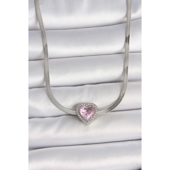 316L Çelik Gümüş Renk İtalyan Zincir Pembe Zirkon Taşlı Kalp Model Kadın Kolye - TJ-BKO10119