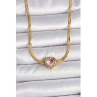 316L Çelik Gold Renk İtalyan Zincir Pembe Zirkon Taşlı Kalp Model Kadın Kolye - TJ-BKO10120