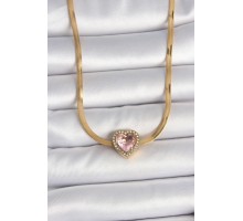 316L Çelik Gold Renk İtalyan Zincir Pembe Zirkon Taşlı Kalp Model Kadın Kolye - TJ-BKO10120