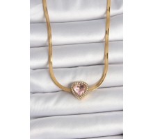 316L Çelik Gold Renk İtalyan Zincir Pembe Zirkon Taşlı Kalp Model Kadın Kolye - TJ-BKO10120