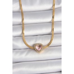 316L Çelik Gold Renk İtalyan Zincir Pembe Zirkon Taşlı Kalp Model Kadın Kolye - TJ-BKO10120